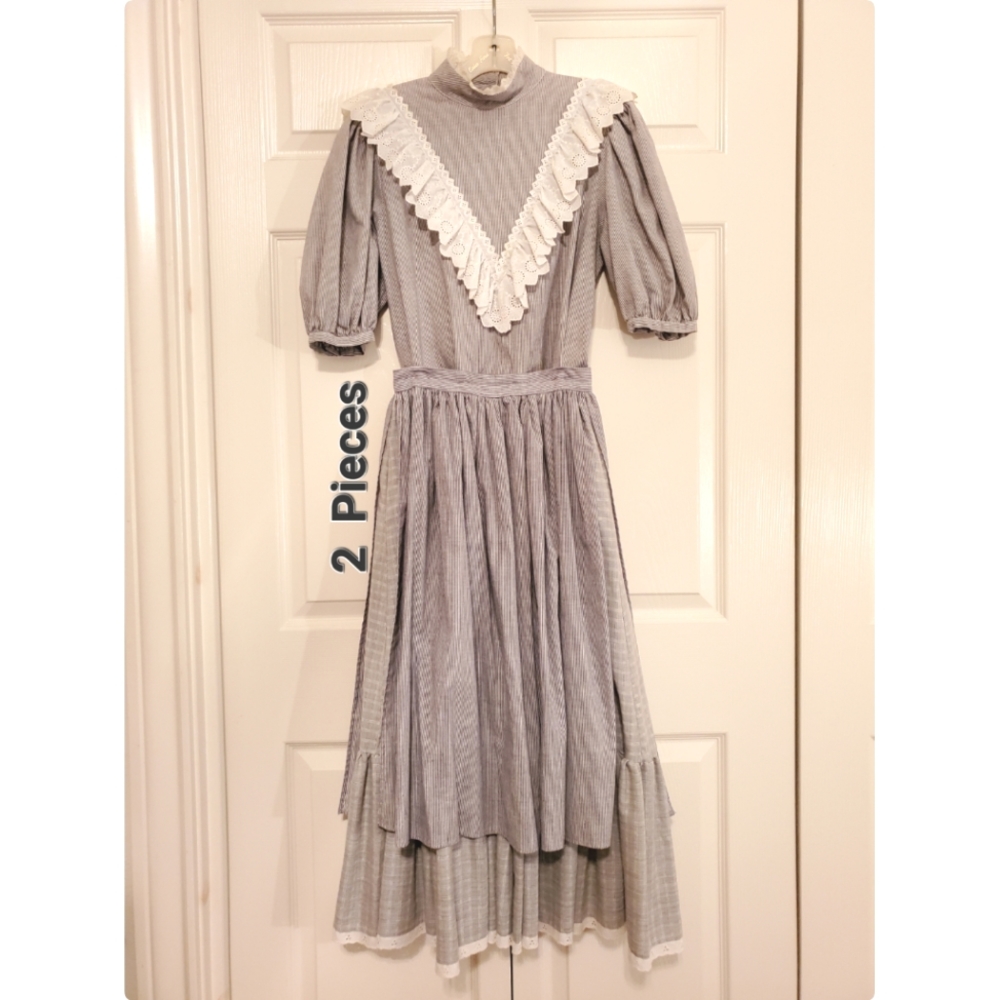 Vintage 80s Victorian Ruffled 2pc Dress Set S Grey & White EUC